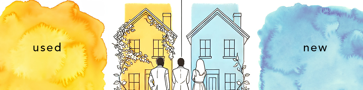  minimalist line drawing showing a decision-making couple choosing between a used home with warm, earthy tones and a new home with cool, modern colors. 